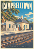 Campbelltown railway station artwork with waiting passengers, railway tracks and a large gum tree.