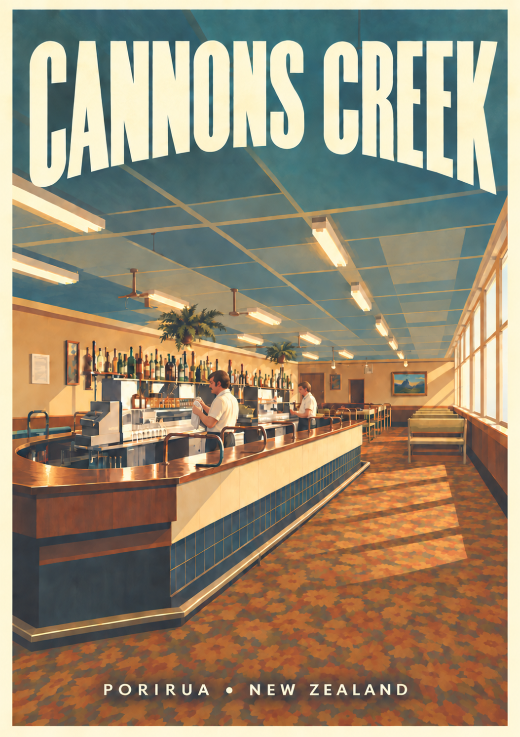 Cannons Creek, Porirua vintage-style artwork showing a timber pub bar beneath a teal ceiling.