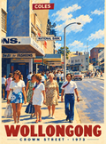 Wollongong Crown Street 1973 artwork with pedestrians, vintage shopfronts and a bright blue sky.