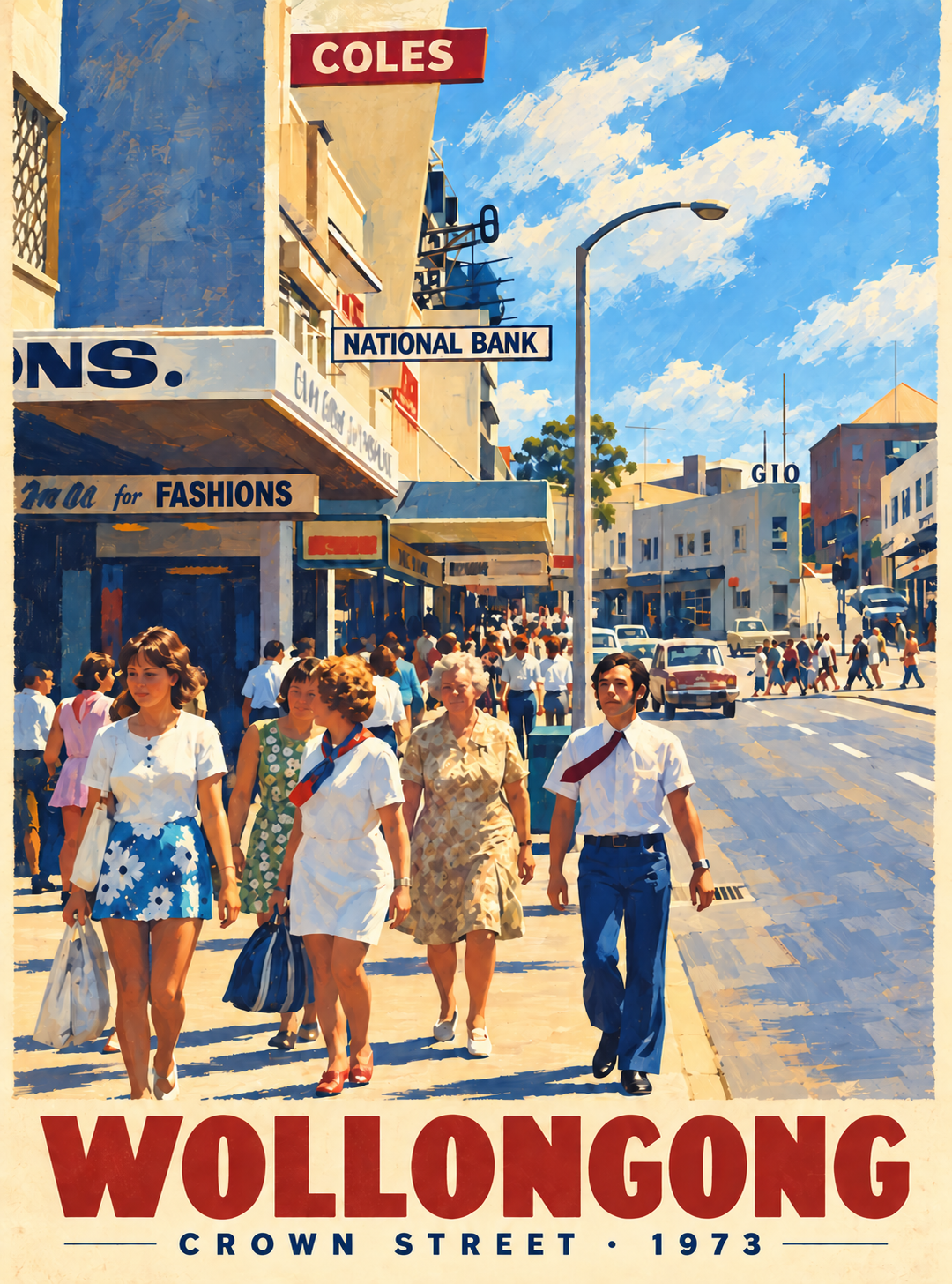 Wollongong Crown Street 1973 artwork with pedestrians, vintage shopfronts and a bright blue sky.